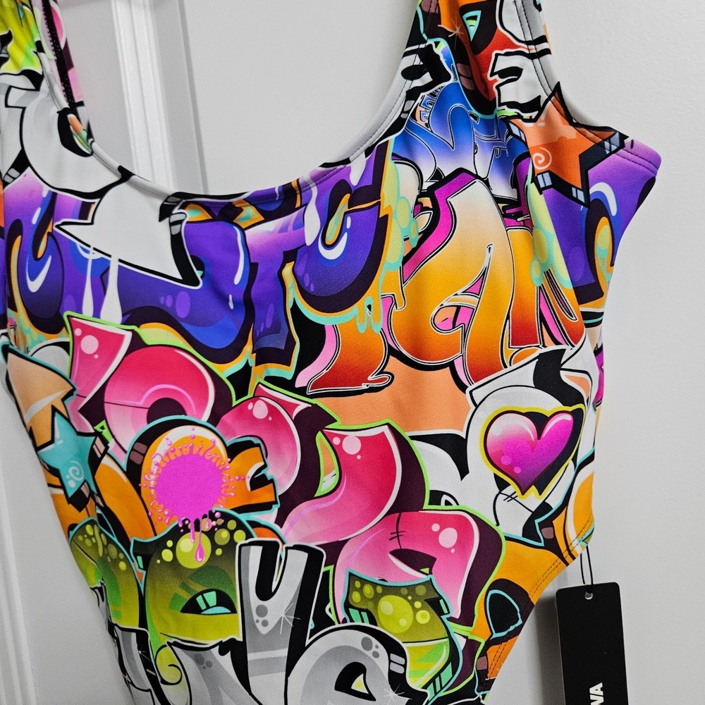 NWT Fashion Nova Swimsuit Women Lg Multicolor Not That Graffiti 1 Piece High Leg - Picture 6 of 12